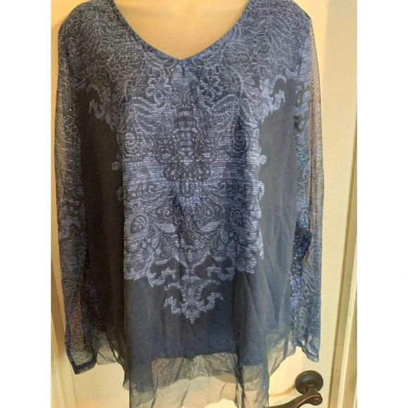 Chicos Top Blue Sheer Sleeves And Hem Sz 3 - Picture 1 of 10